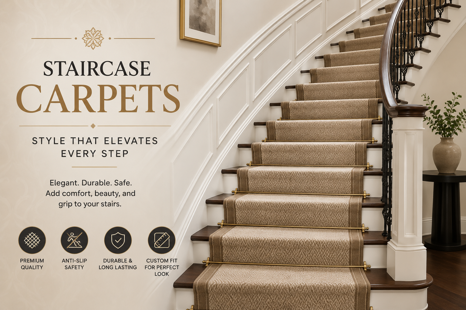 Carpeted staircase with anti-slip stair runner in a Dubai home